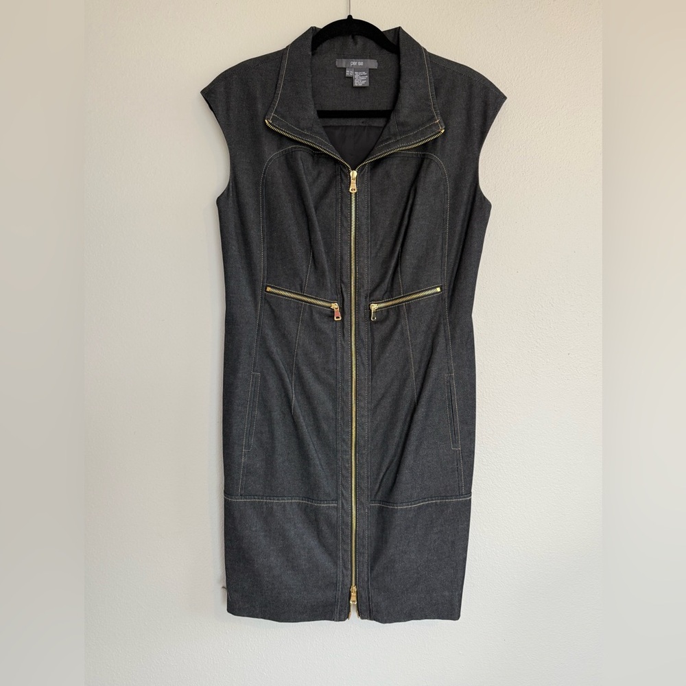 Per Se Charcoal Gray Sleeveless Midi Dress with Gold Zippers
